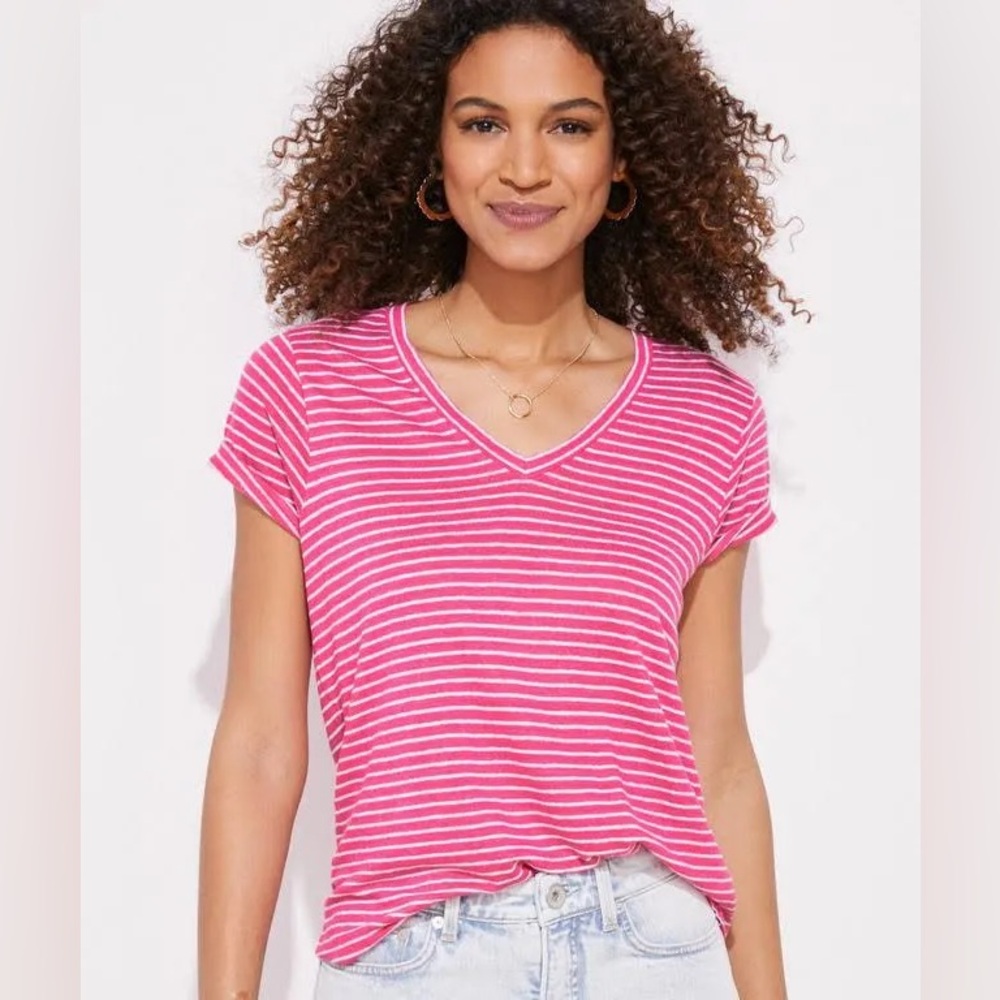 Vineyard Vines Pink and White Striped V-Neck Tee